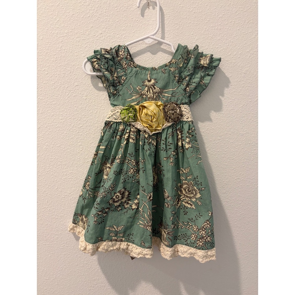 Mustard Pie Girls Sage Green Floral Ruffle Dress Crochet Lace Rosettes 18M